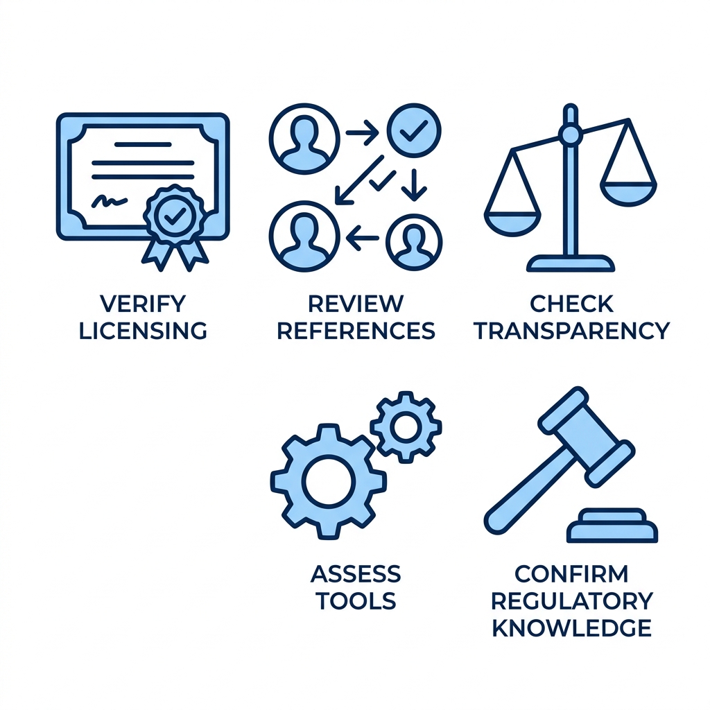 Horizontal grid of five blue outline icons with labels: certificate for verify licensing, people for review references, balance scale for check transparency, gear for assess tools, gavel for confirm regulatory knowledge, on white background