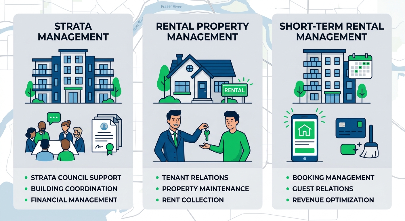 Infographic depicting Surrey's property management landscape with strata, rental, and short-term rental columns