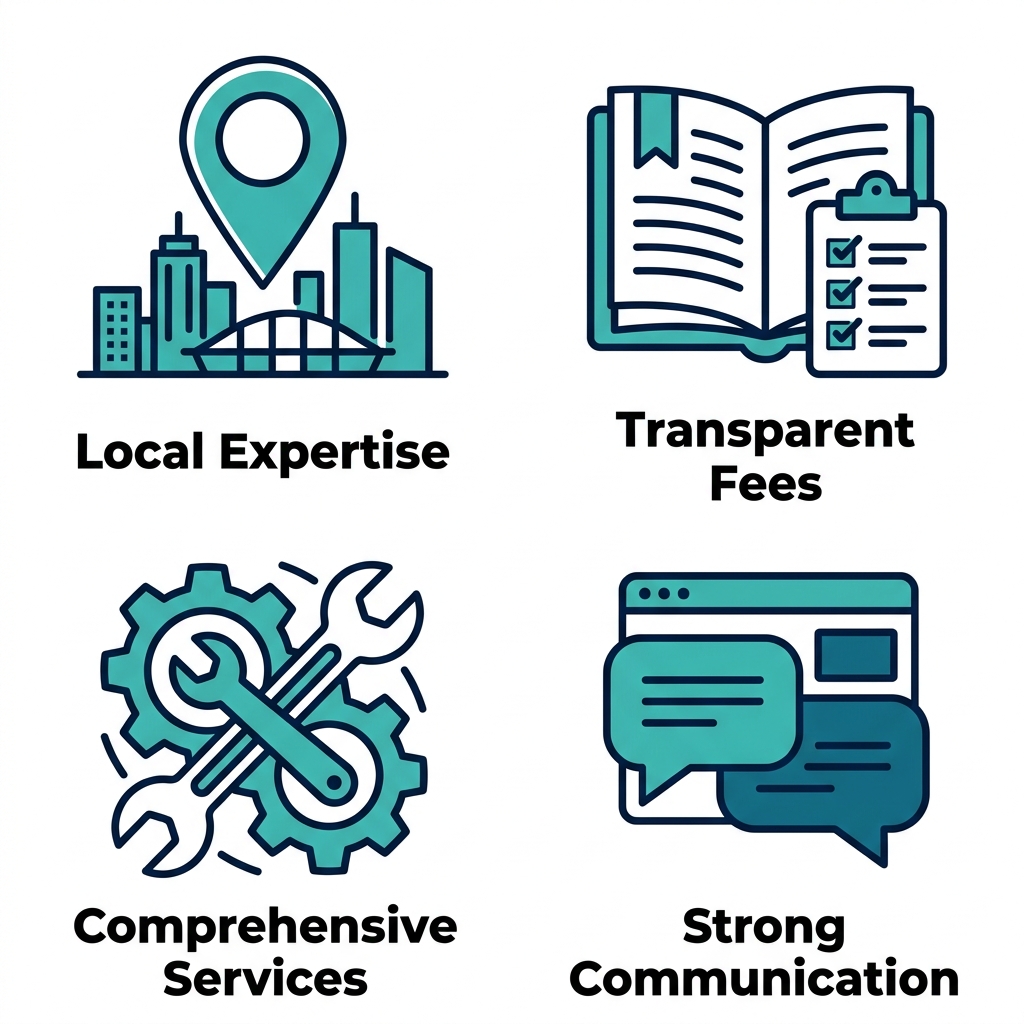 2x2 icon grid showing local expertise map pin, transparent fees checklist book, comprehensive services gears, strong communication speech bubbles for Surrey property management partners