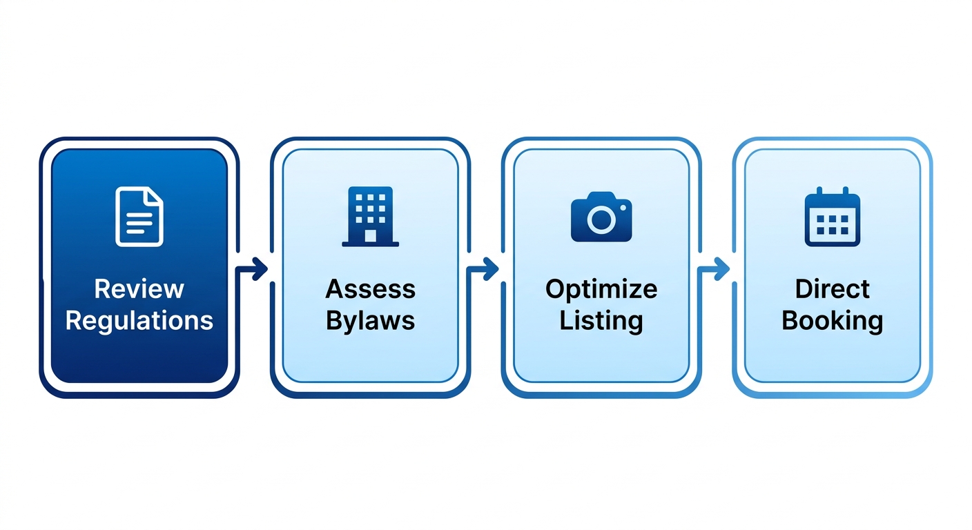 Process flow diagram illustrating four key steps to launch a compliant short-term rental property in Port Coquitlam: review regulations, assess bylaws, optimize listing, direct booking with icons.