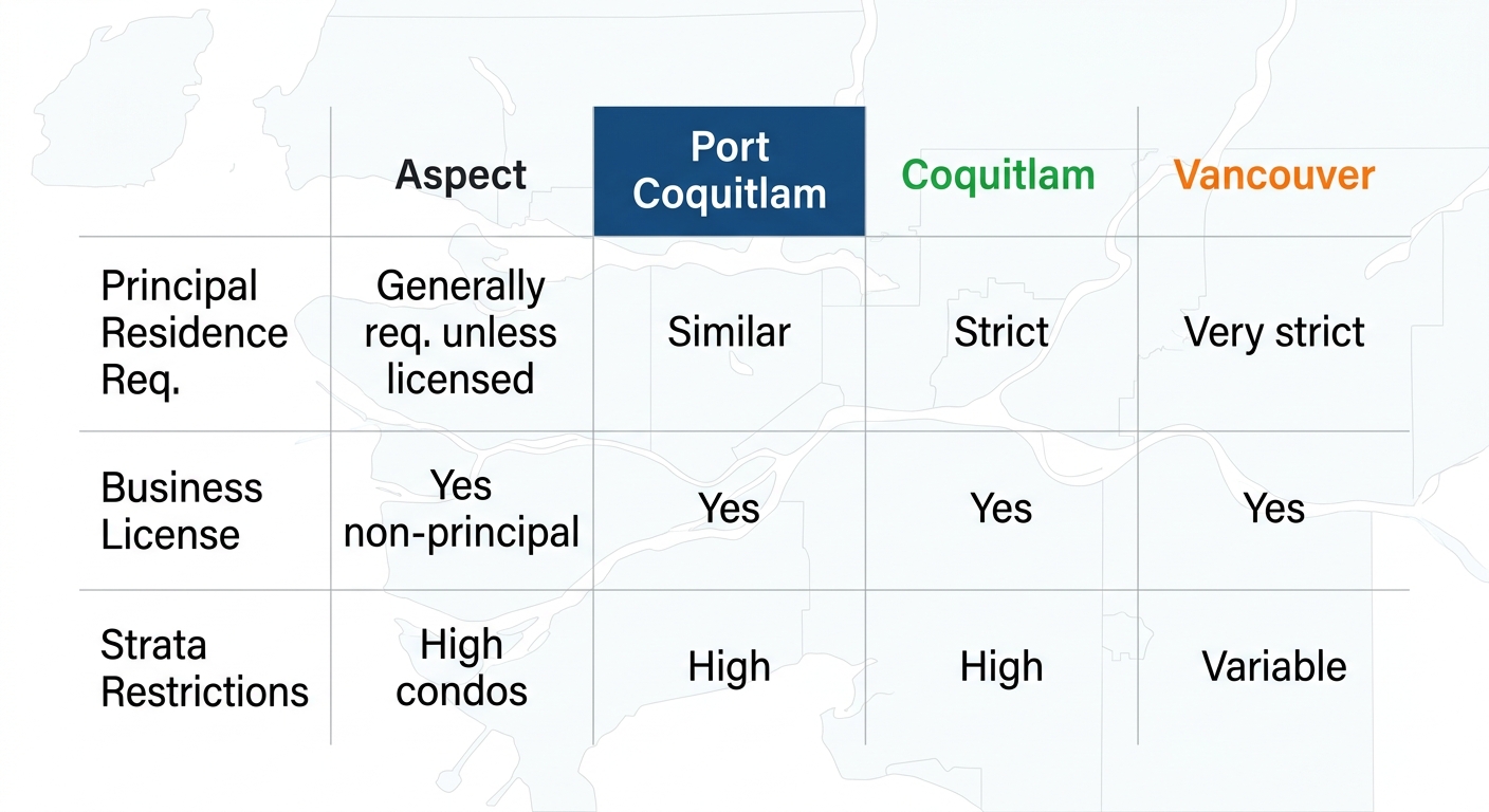 Infographic comparison table of short-term rental regulations in Port Coquitlam, Coquitlam, and Vancouver, covering residence requirements, licensing, and strata rules.