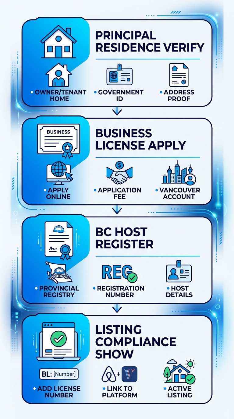 Vertical process flow diagram of four key steps for Vancouver short-term rental compliance: principal residence verification, business license application, BC host registry registration, and listing compliance display.