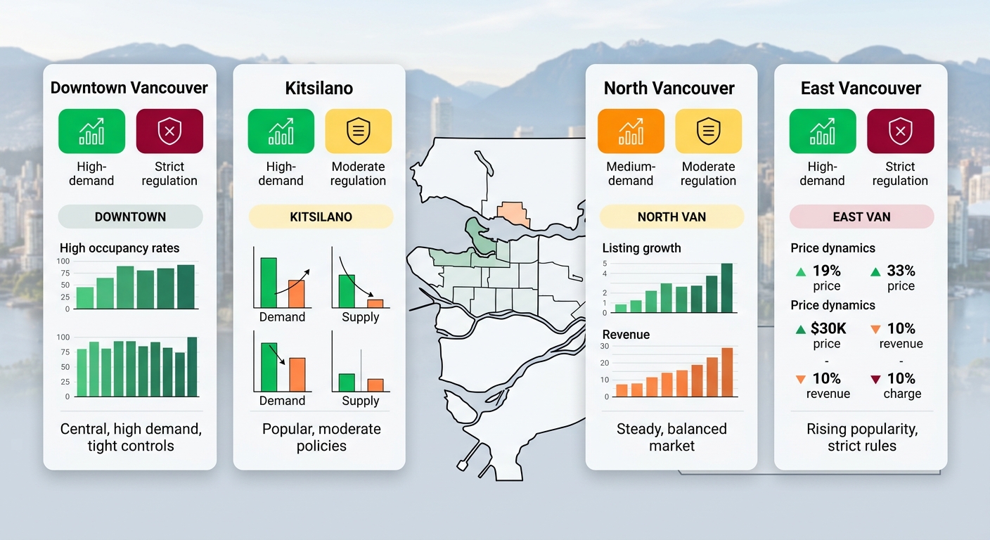 Infographic comparing short-term rental demand and regulations across Vancouver neighborhoods