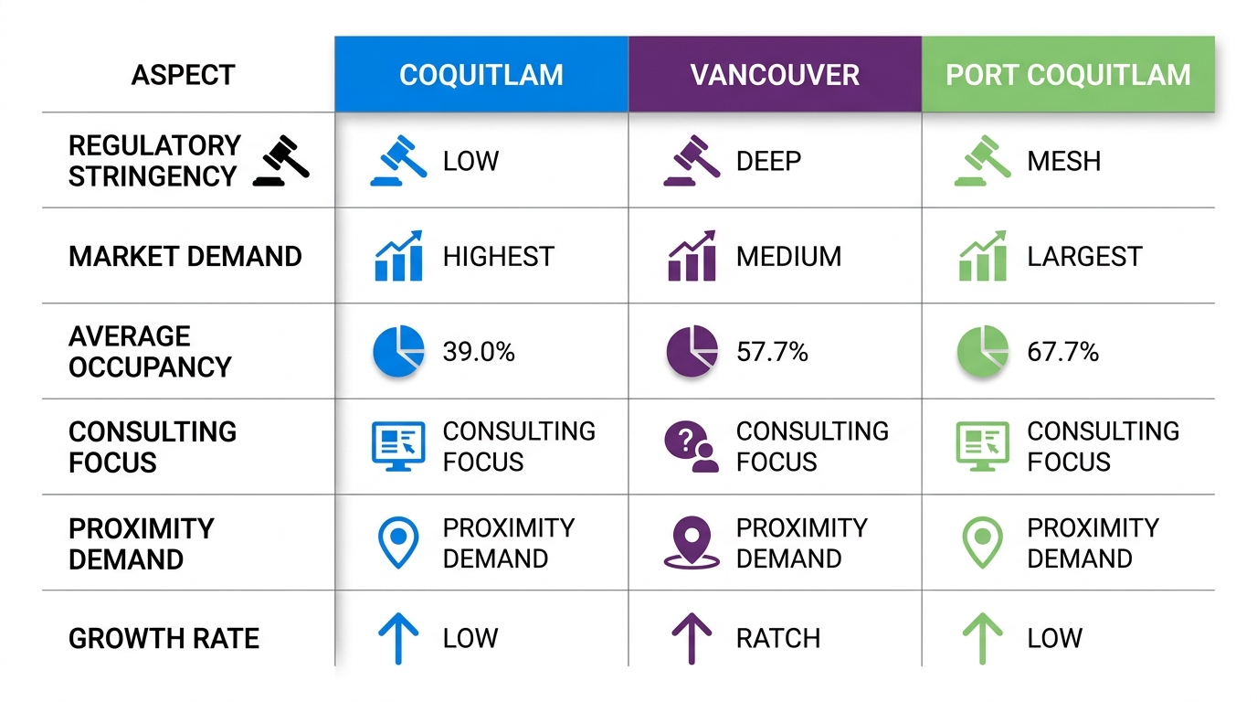 Infographic table comparing short-term rental metrics like regulations, demand, occupancy, and growth in Coquitlam, Vancouver, and Port Coquitlam