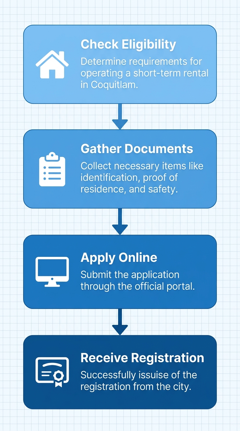 Vertical process flow diagram of four sequential steps for BC short-term rental host registration in Coquitlam: check eligibility, gather documents, apply online, receive registration.