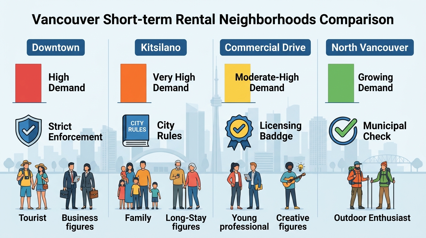 Infographic comparing key Vancouver neighborhoods for short-term rentals: demand levels, regulations, and guest types in Downtown, Kitsilano, Commercial Drive, North Vancouver