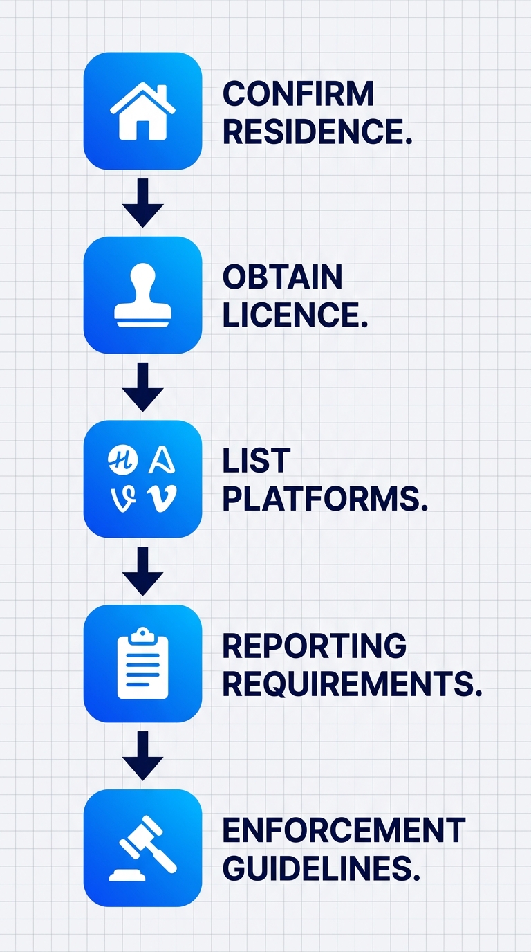 Vertical process flow diagram illustrating five key compliance steps for Vancouver short-term rentals with icons and minimal labels