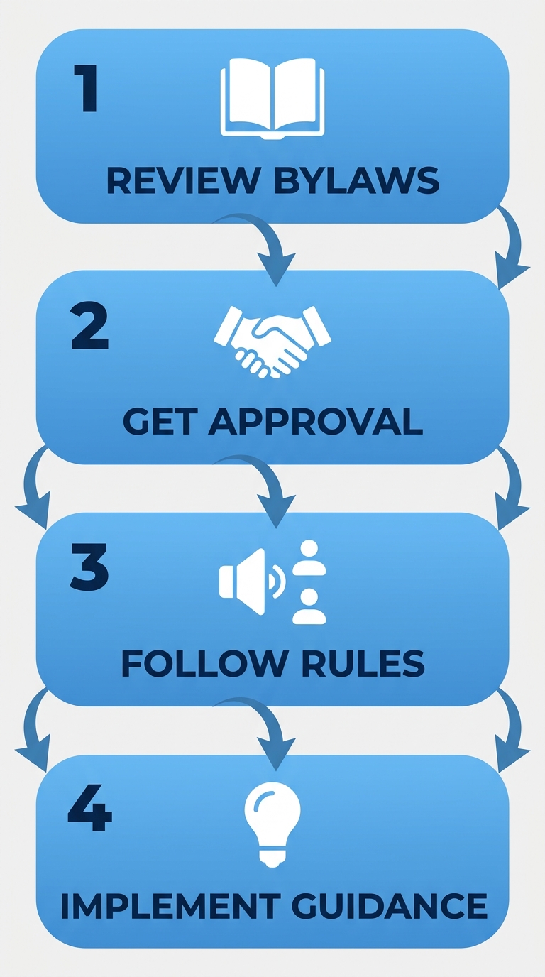 Vertical process flow diagram illustrating 4 steps to navigate short-term rental regulations in North Vancouver: review strata bylaws, obtain council approval, adhere to noise and occupancy rules, implement compliance guidance.