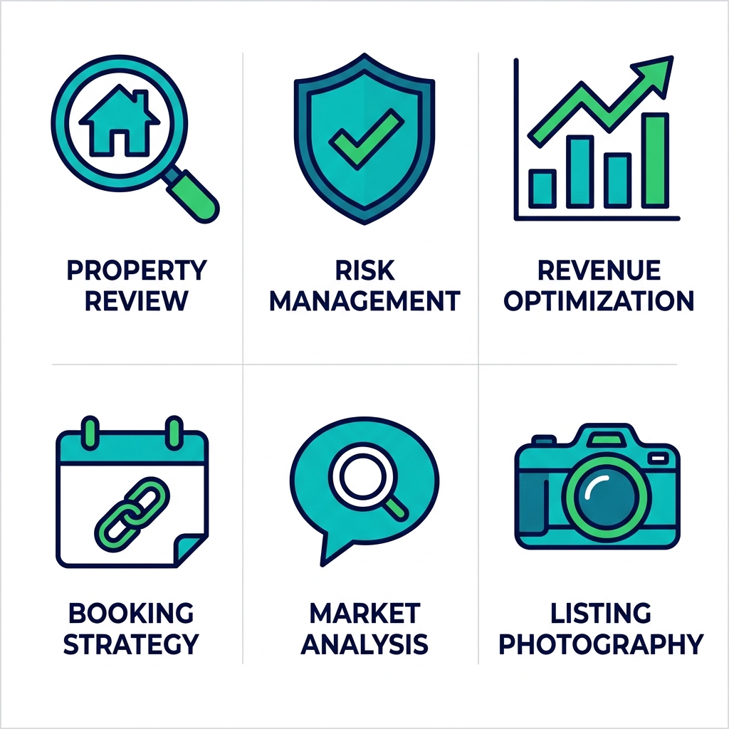 Square grid of six modern outline icons for short-term rental consulting services: listing optimization, compliance guidance, pricing strategy, direct booking setup, SEO descriptions, and photo strategy.