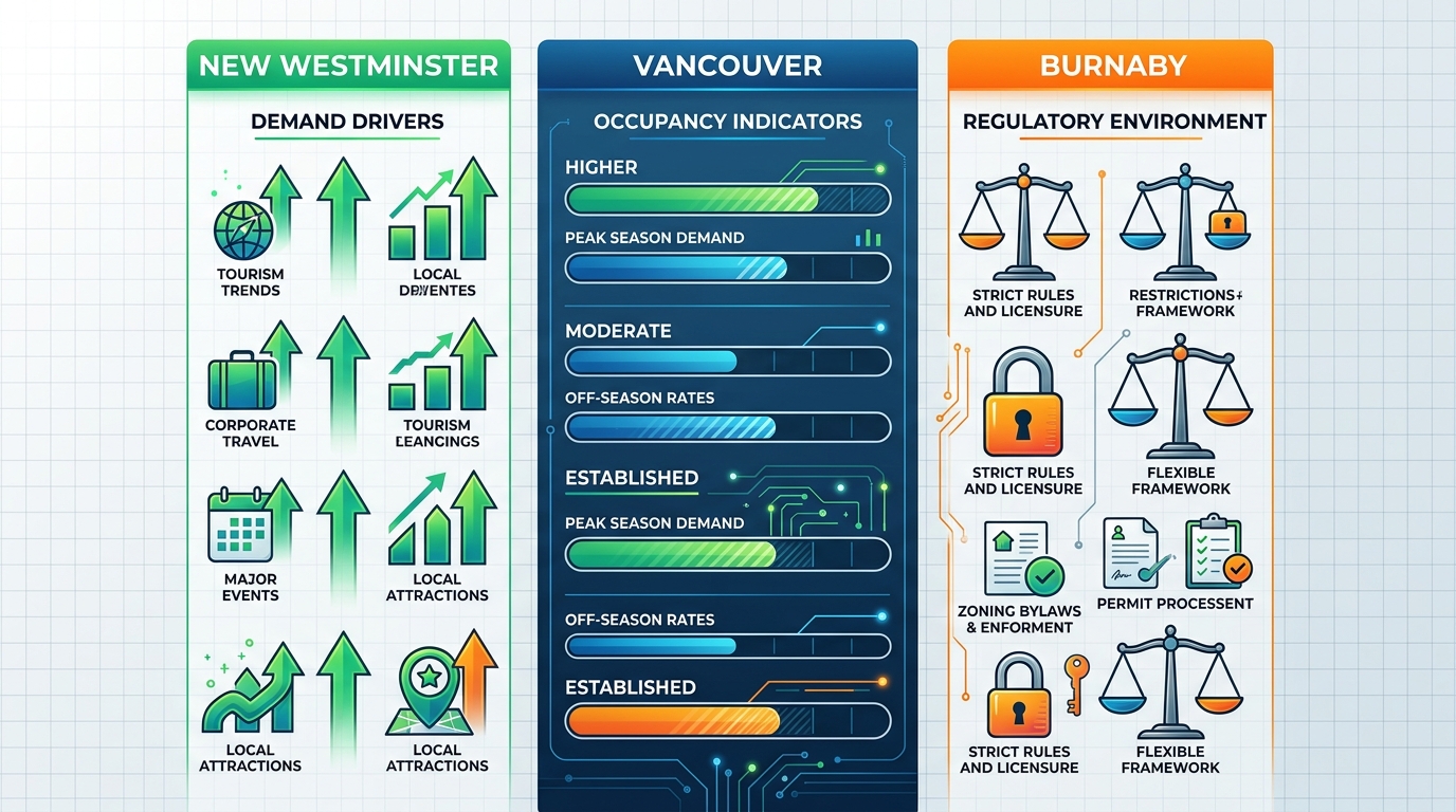 Infographic comparing short-term rental markets in New Westminster, Vancouver, and Burnaby using icons for demand, occupancy, and regulations.