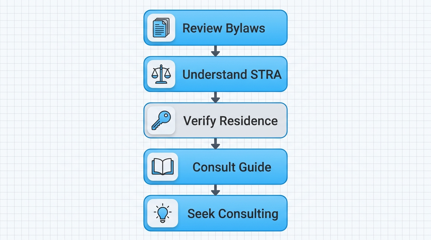 Vertical process flow diagram illustrating five key steps for New Westminster property compliance: review strata bylaws, understand STRA definitions, verify principal residence rules, consult Strata Housing Guide, and seek expert consulting, with relevant icons.