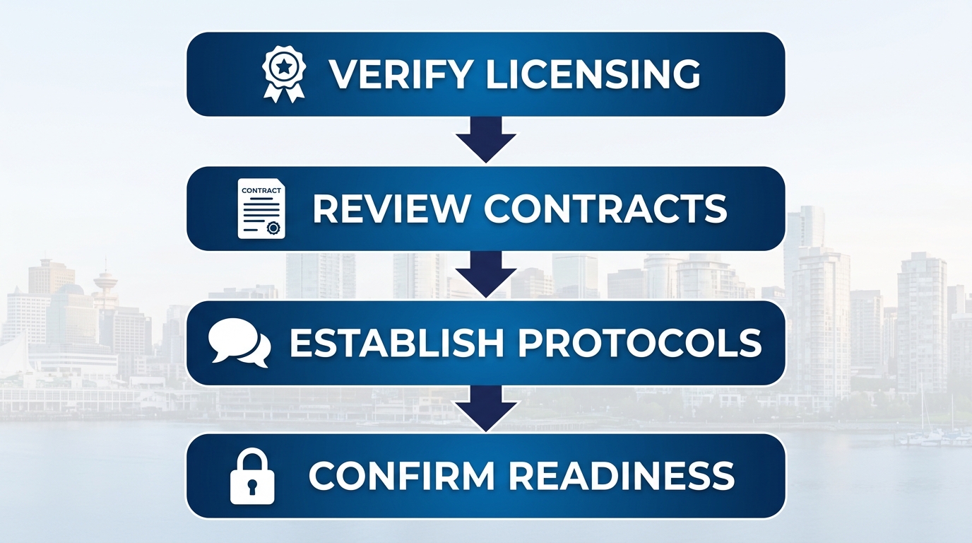 Vertical process flow diagram for Vancouver property management: verify licensing (badge), review contracts (document), establish protocols (speech bubble), confirm readiness (lock), connected by arrows in blue gradients.