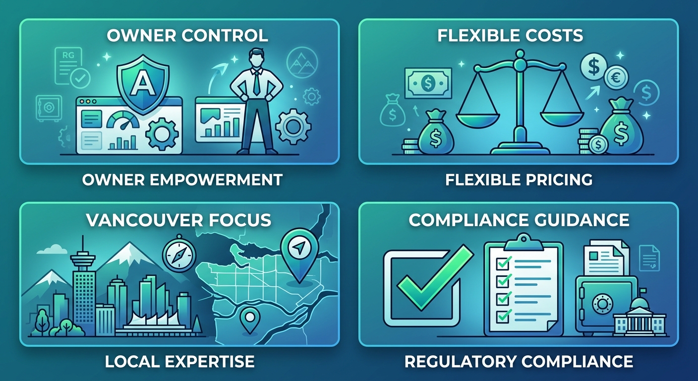 Infographic illustrating four key advantages of Vancouver short-term rental consulting: owner control, flexible costs, local focus, and compliance guidance with icons.