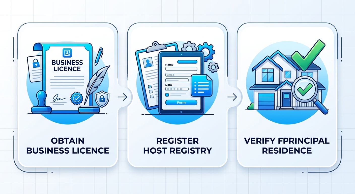 Horizontal process flow illustrating three key compliance steps for short-term rentals in Coquitlam: obtain business licence, register in host registry, verify principal residence.
