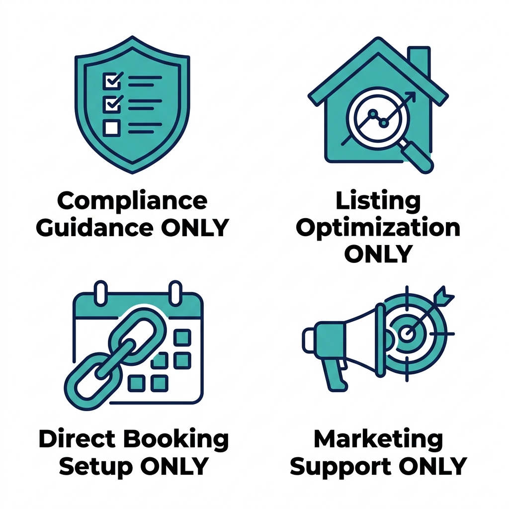 2x2 grid of minimalist icons depicting compliance guidance, listing optimization, direct booking setup, and marketing support for short-term rentals in Coquitlam