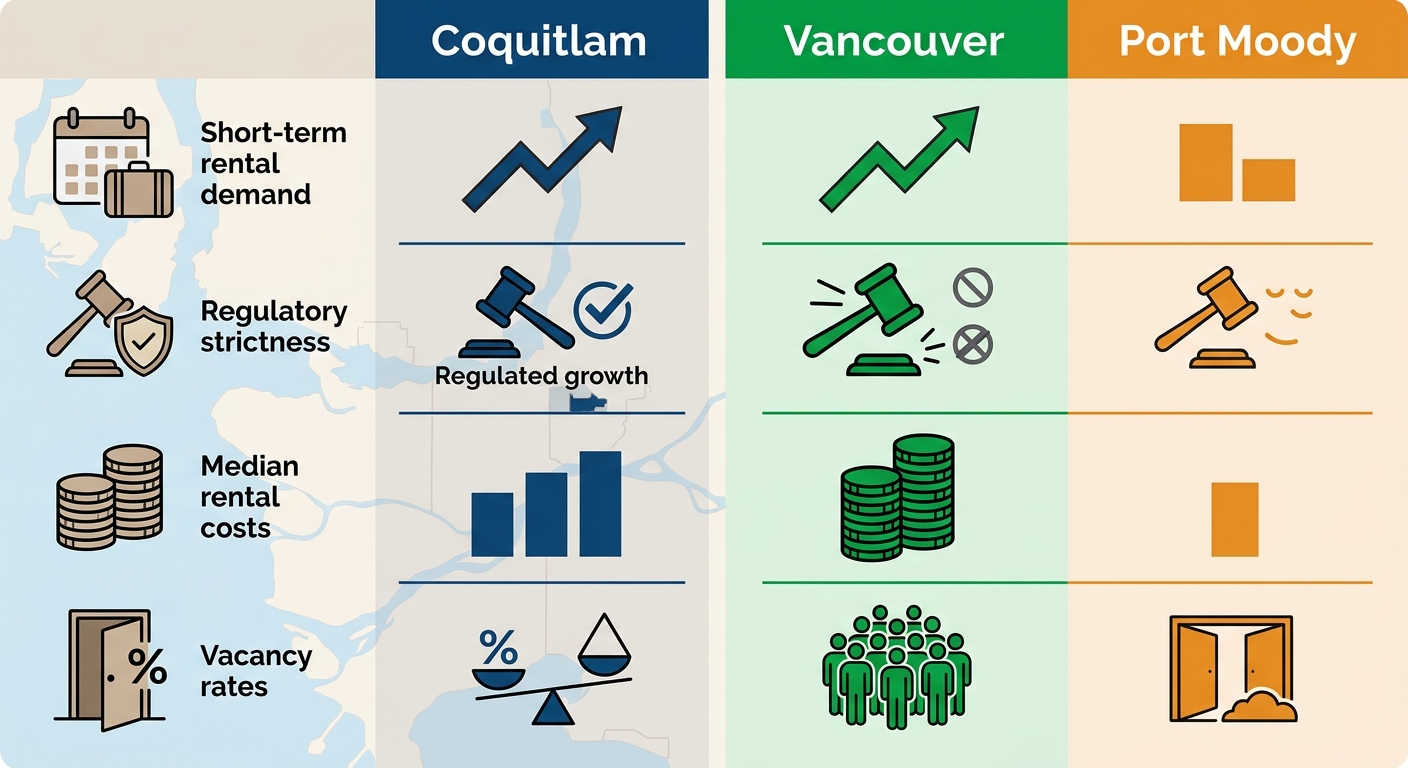 Infographic comparing short-term rental market dynamics and regulations in Coquitlam, Vancouver, and Port Moody