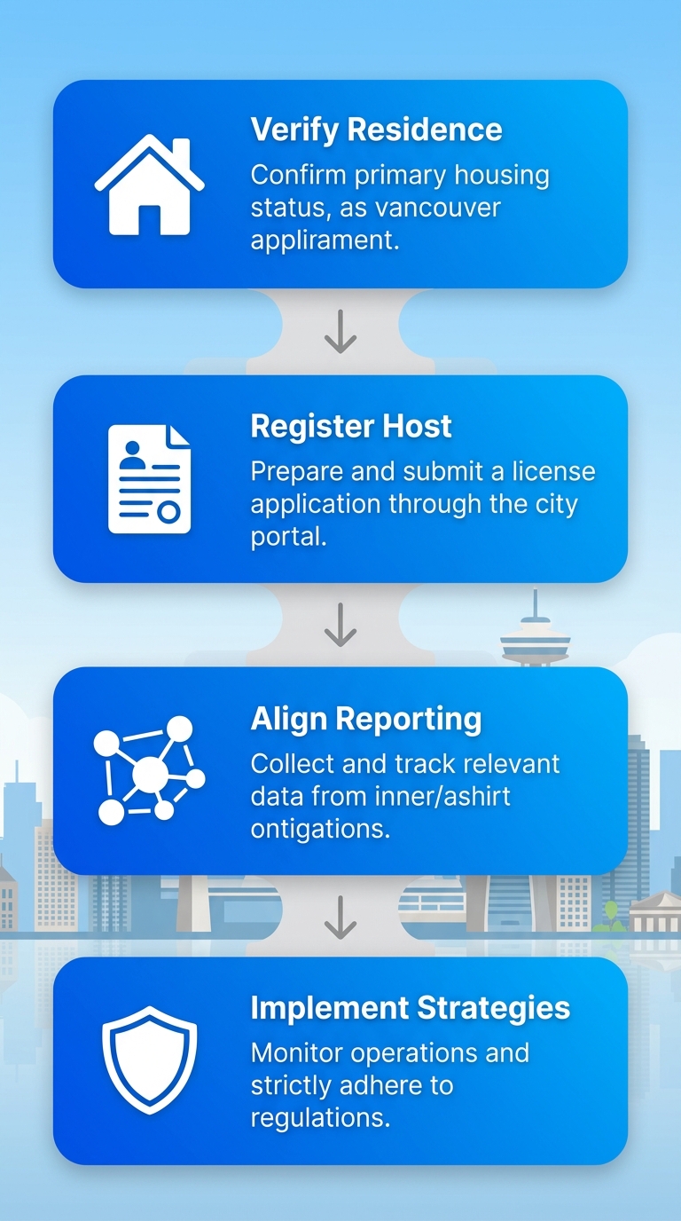 Vertical process flow chart for Vancouver short-term rental compliance steps: verify residence, register host, align reporting, implement strategies with icons.