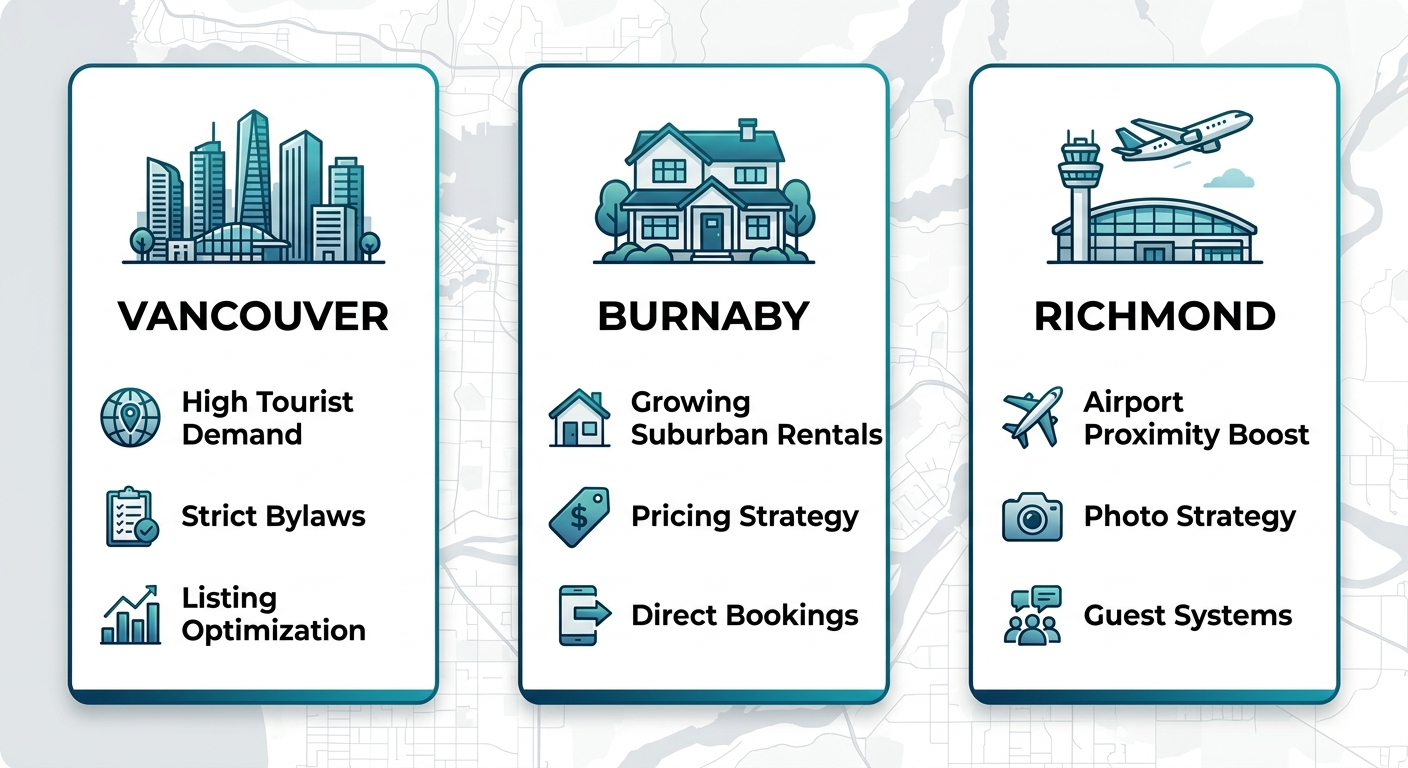 Three-column infographic comparing short-term rental market features in Vancouver, Burnaby, and Richmond BC with icons and bullet points.
