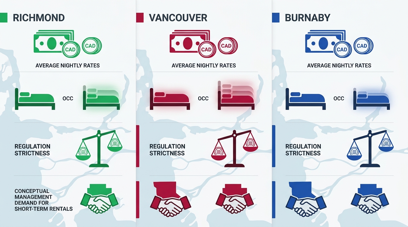 Infographic comparing short-term rental markets in Richmond (green), Vancouver (red), and Burnaby (blue) using icons for rates, occupancy, regulations, and demand.