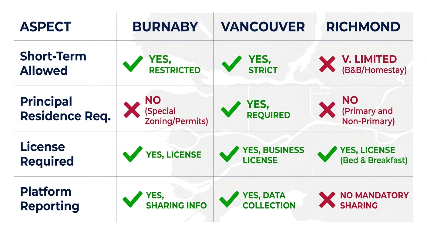 Infographic table comparing short-term rental regulations in Burnaby, Vancouver, and Richmond including allowances, residence requirements, licensing, and platform reporting.