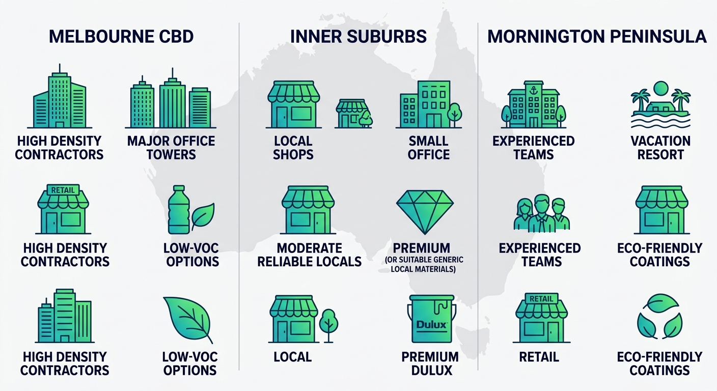 Infographic illustrating commercial painting services across Melbourne CBD, Inner Suburbs, and Mornington Peninsula with icons and key features