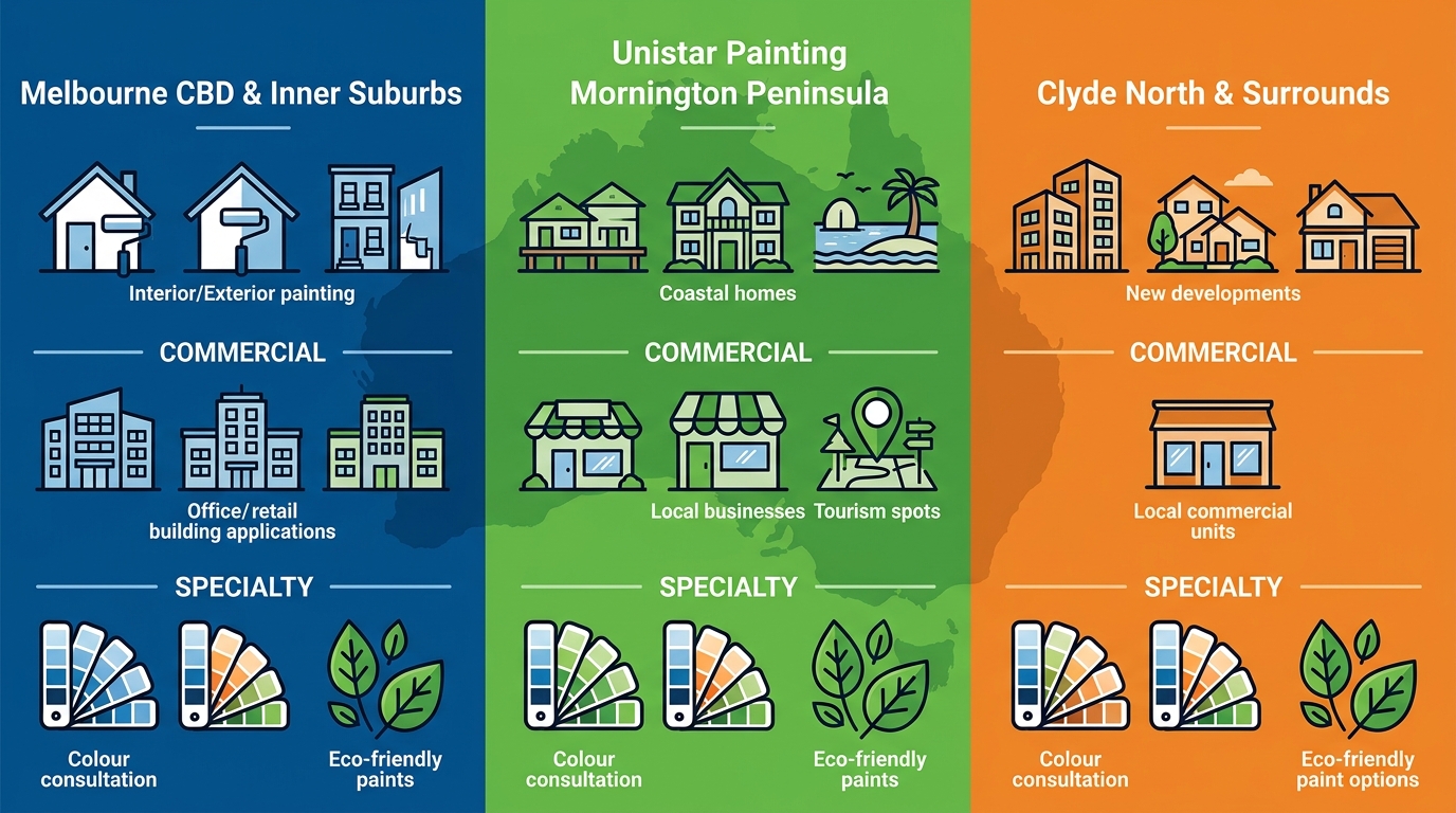 Infographic comparing Unistar Painting residential, commercial, and specialty services across Melbourne CBD, Mornington Peninsula, and Clyde North regions with color-coded icons and subtle map background