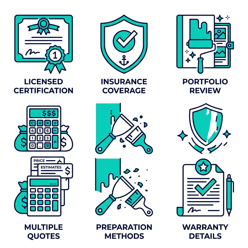 Grid of 6 outline icons for hiring exterior house painters: certification, insurance, portfolio, quotes, preparation, warranty with short labels