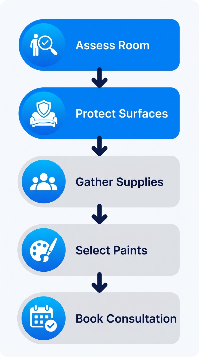 Vertical process flow chart for starting interior painting in Melbourne: assess room, protect surfaces, gather supplies, select eco-friendly paints, book consultation.