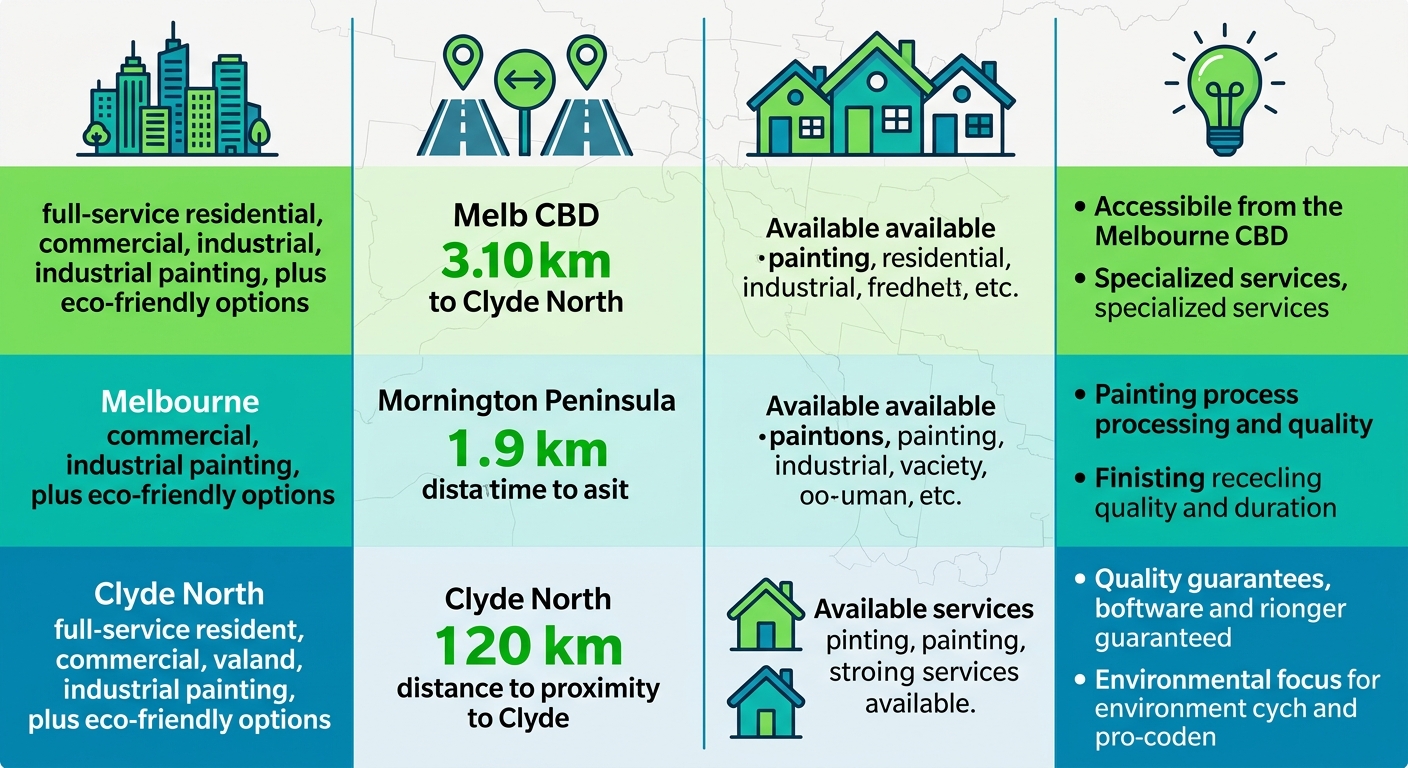 Infographic comparing interior painting service coverage and considerations in Melbourne CBD, Mornington Peninsula, and Clyde North areas