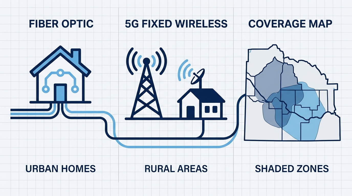 Infographic showing fiber optic, 5G fixed wireless, and coverage map for internet options in Twin Falls, Idaho