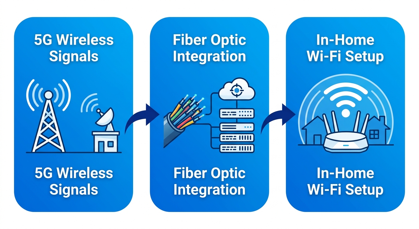 Horizontal process flow diagram of White Cloud Networks internet delivery: 5G wireless, fiber integration, in-home Wi-Fi setup