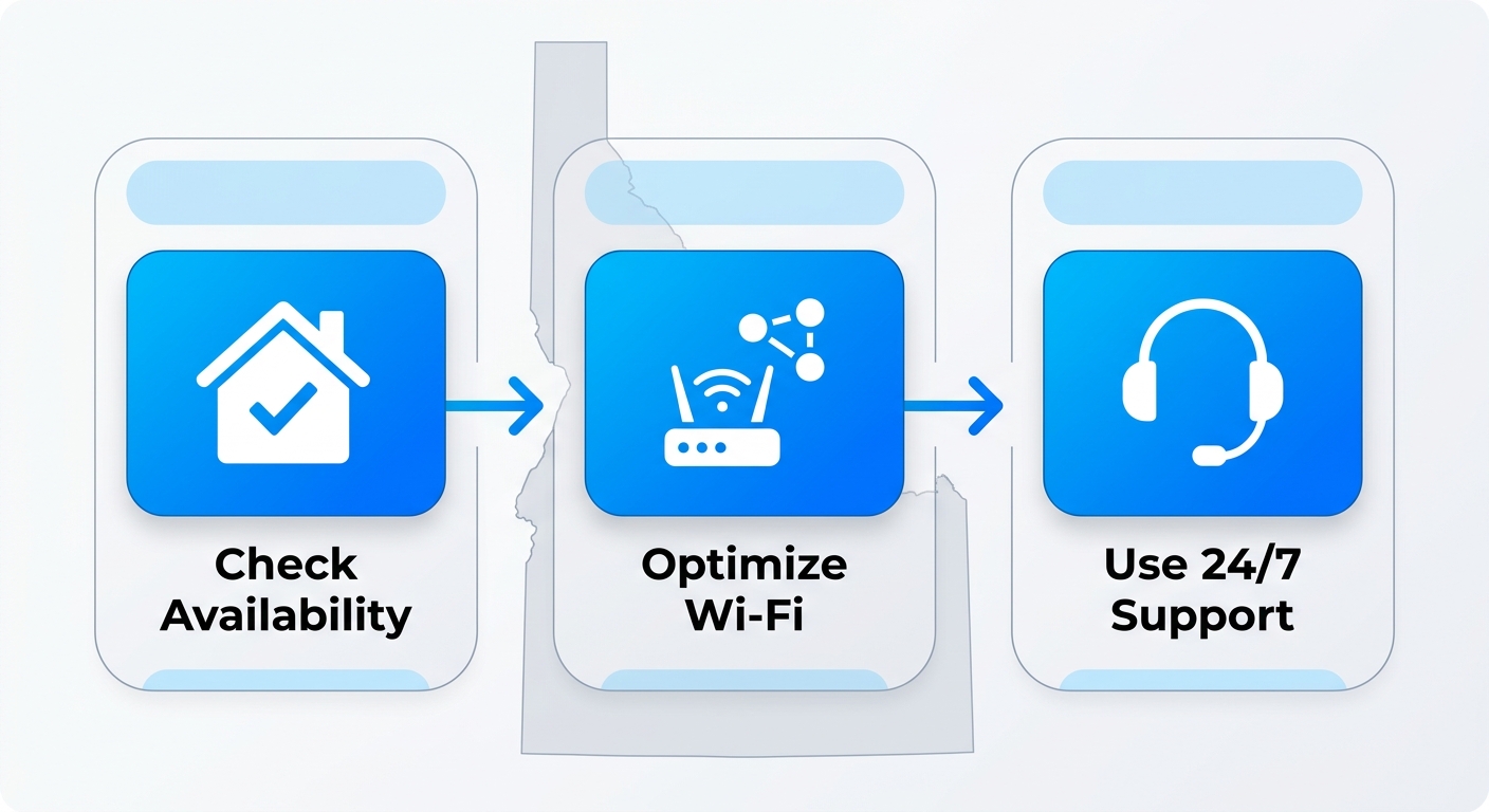 Horizontal process flow diagram of three best practices: checking service availability, in-home Wi-Fi optimization, and leveraging 24/7 support in Twin Falls.