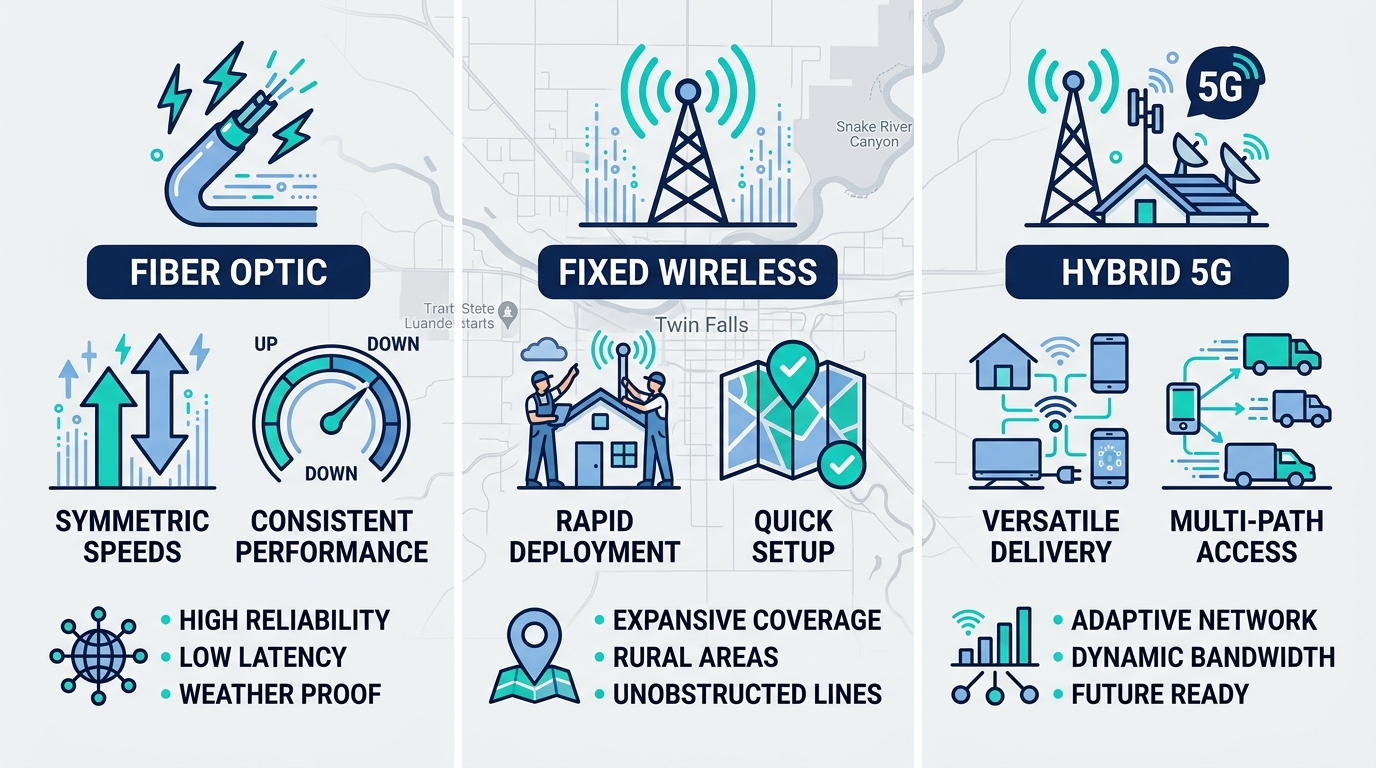 Infographic comparing fiber optic, fixed wireless, and hybrid 5G broadband options available in Twin Falls, Idaho