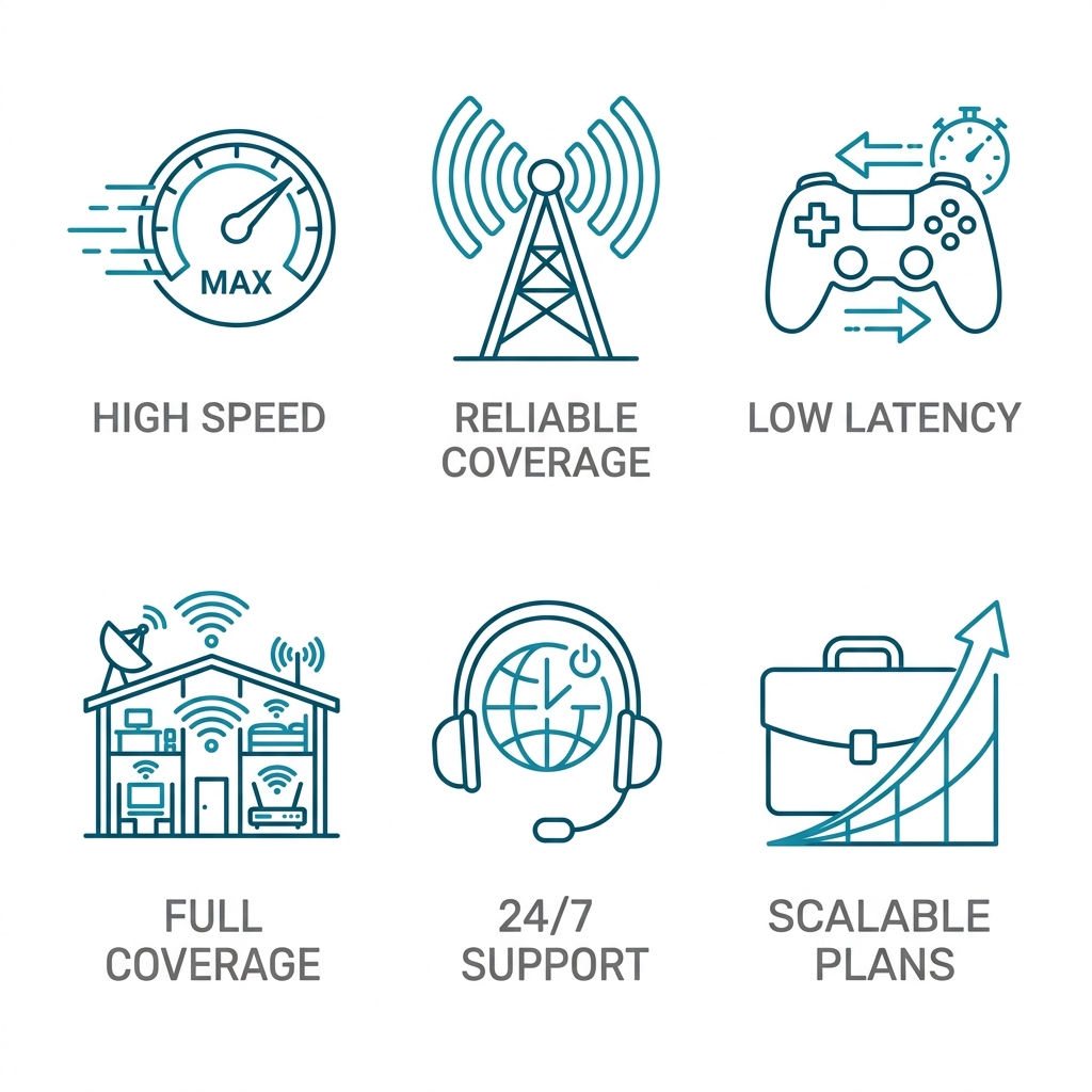 Square grid of six outline icons representing benefits: high speed speedometer, reliable coverage signal tower, low latency game controller, full Wi-Fi house, 24/7 support headset, scalable plans briefcase