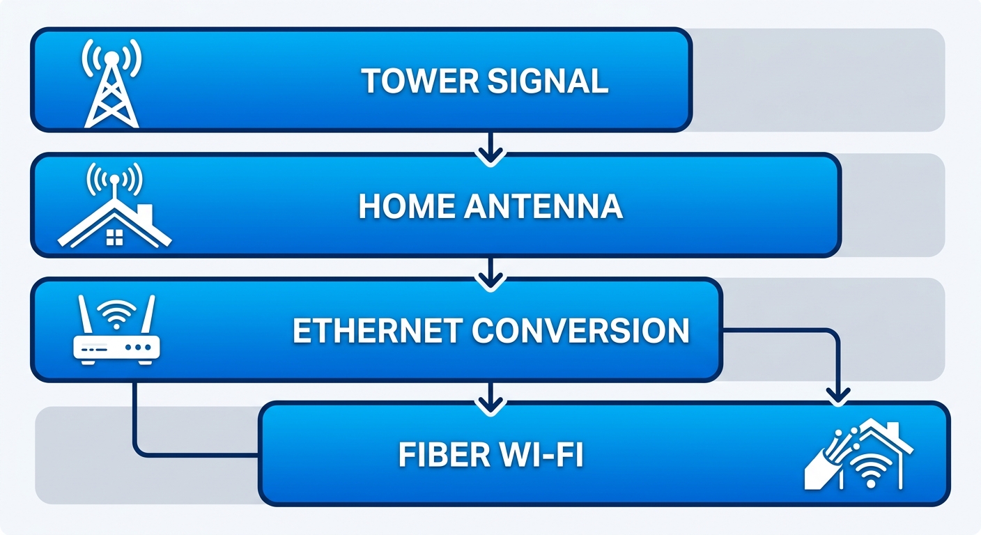 Vertical process flow diagram illustrating hybrid fixed wireless and fiber internet delivery in Twin Falls with four stages: tower signal, home antenna, Ethernet conversion, and Wi-Fi distribution.