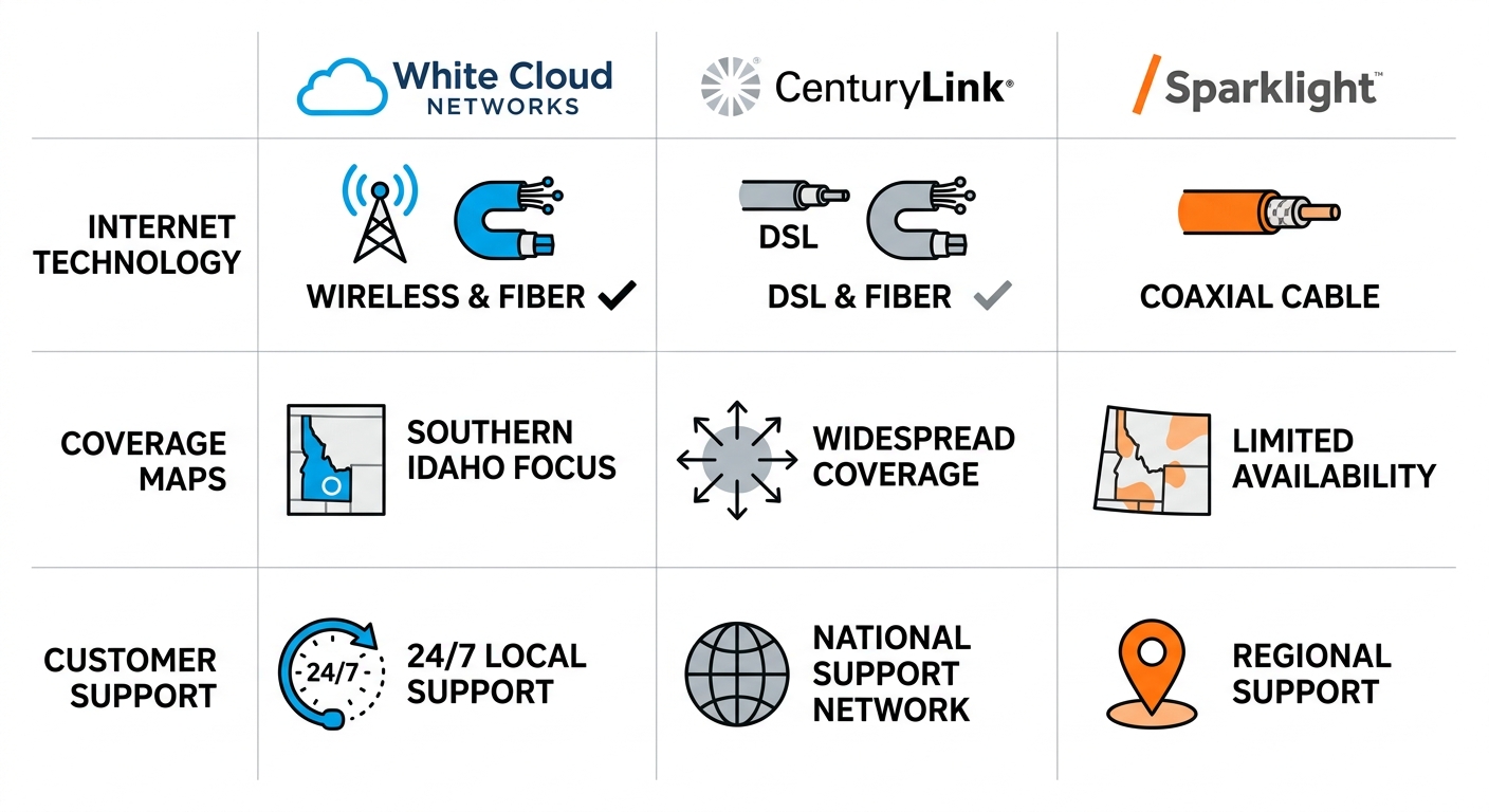 Infographic comparing White Cloud Networks, CenturyLink, and Sparklight on technology, coverage, and support in Twin Falls, Idaho