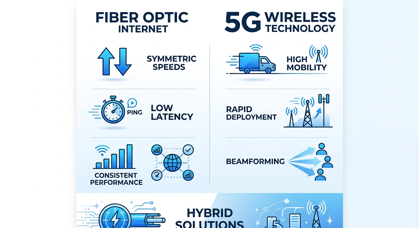 Infographic comparing fiber optic and 5G wireless internet technologies in Twin Falls with icons for key features and hybrid approach.