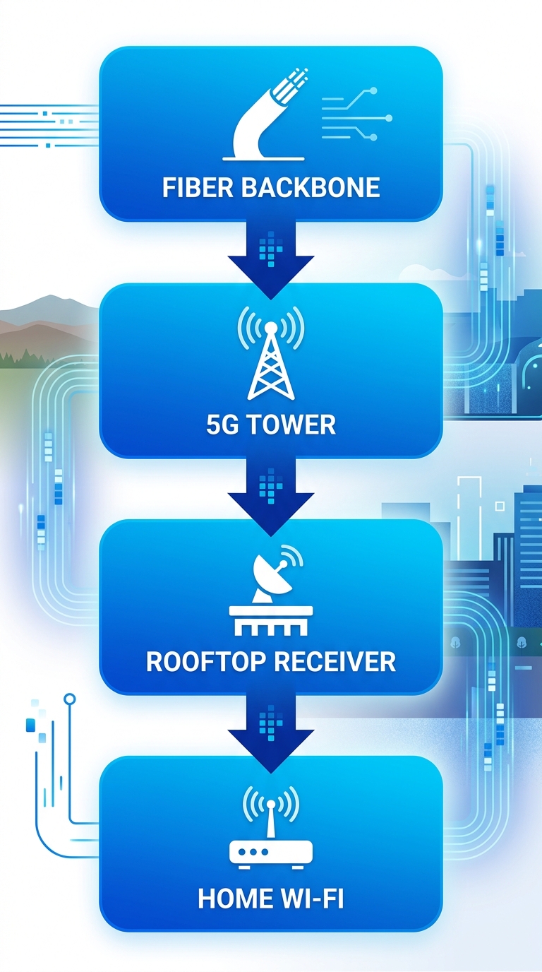 Vertical process flow diagram of White Cloud Networks hybrid 5G and fiber internet in Twin Falls with four stages: fiber backbone transmission, 5G tower signal, rooftop receiver, home Wi-Fi distribution.