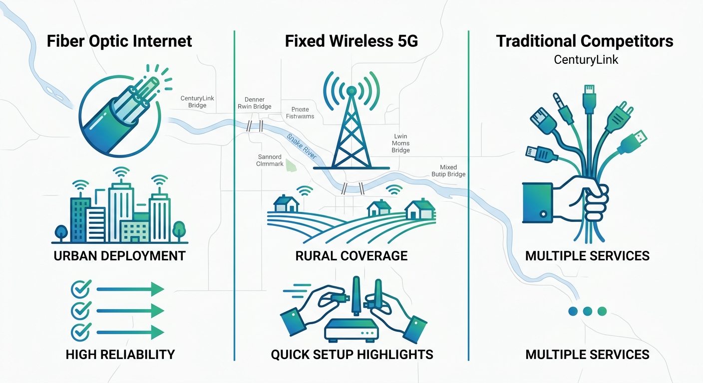 Infographic showing three internet options near Twin Falls: fiber optic, fixed wireless 5G, and traditional competitors with icons and key highlights
