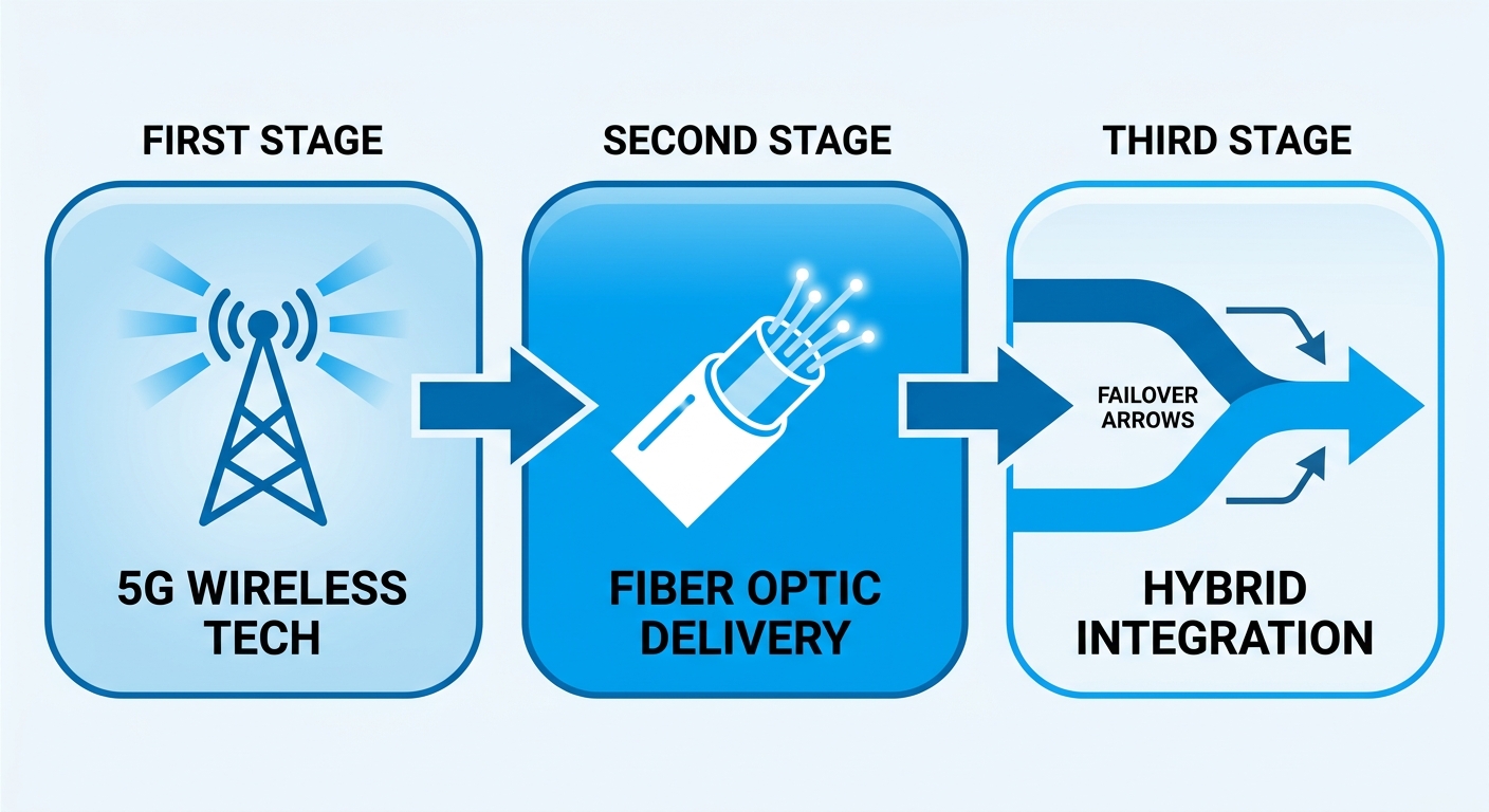 Horizontal process flow diagram of hybrid fixed wireless and fiber internet delivery in Twin Falls with three stages: 5G wireless technology, fiber optic delivery, and network integration.
