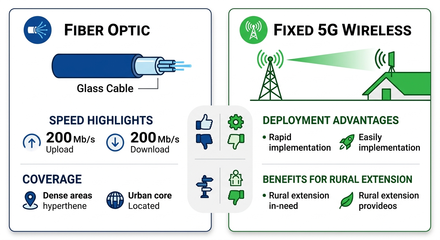 Infographic comparison of fiber optic and fixed 5G wireless internet in Jerome, Idaho: left side fiber cable and speeds in blue, right side 5G tower and antenna in green, center pros/cons icons.
