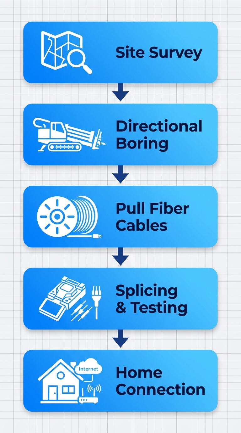 Vertical process flow diagram of fiber optic internet installation in Jerome, Idaho with five stages: site survey, directional boring, pulling cables, splicing and testing, home connection.