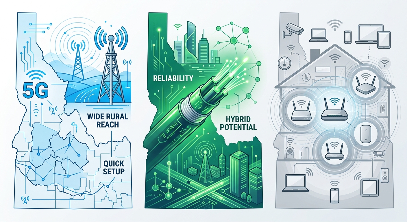 Infographic showing three internet options in Filer, Idaho: fixed wireless with 5G tower and coverage, fiber optic reliability, in-home Wi-Fi mesh network.