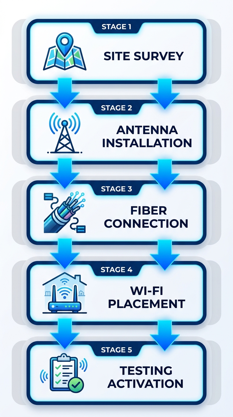 Vertical process flow diagram showing five stages of White Cloud Networks internet service setup in Filer, Idaho