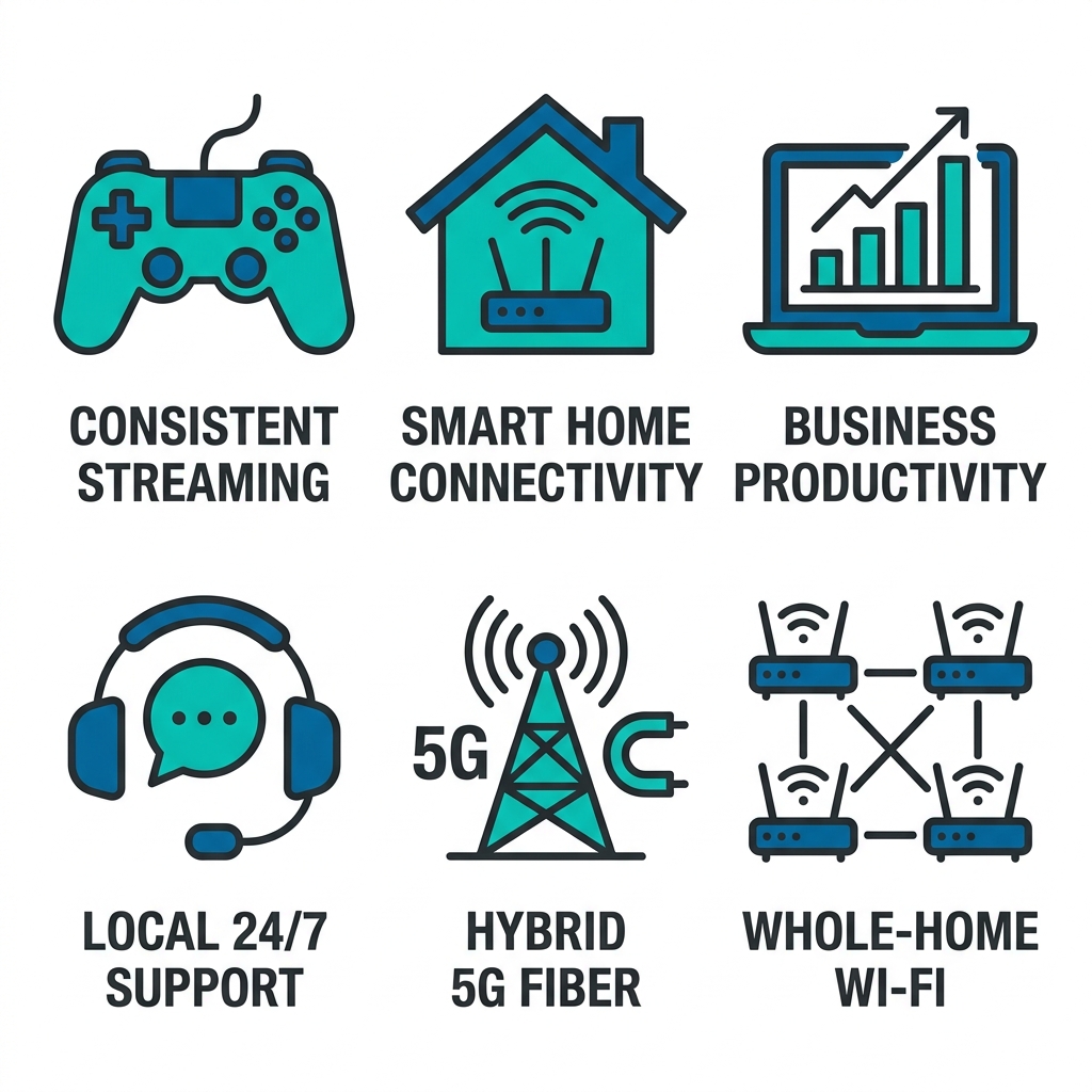 Square grid of 6 icons illustrating high-speed internet benefits: streaming reliability, smart home connectivity, business productivity, 24/7 support, hybrid 5G-fiber, in-home Wi-Fi near Buhl, Idaho