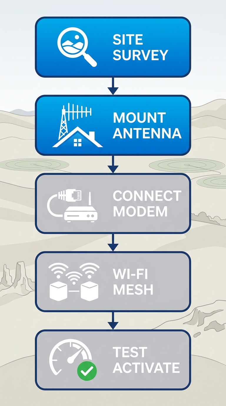 Vertical process flow diagram of five stages for fixed wireless internet installation near Buhl, Idaho: site survey, antenna mount, modem connect, Wi-Fi setup, service test.