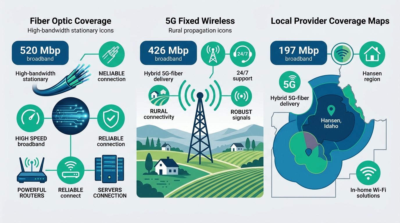 Infographic showing three internet options in Hansen, Idaho: fiber optic coverage, 5G fixed wireless for rural areas, and local provider maps with support icons.