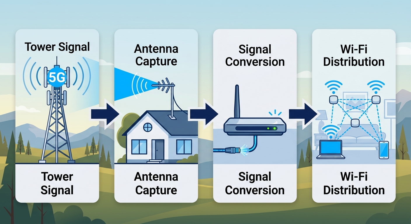 Process flow diagram of fixed wireless internet in Hansen, Idaho: tower signal beaming, antenna capture, signal conversion, Wi-Fi distribution.