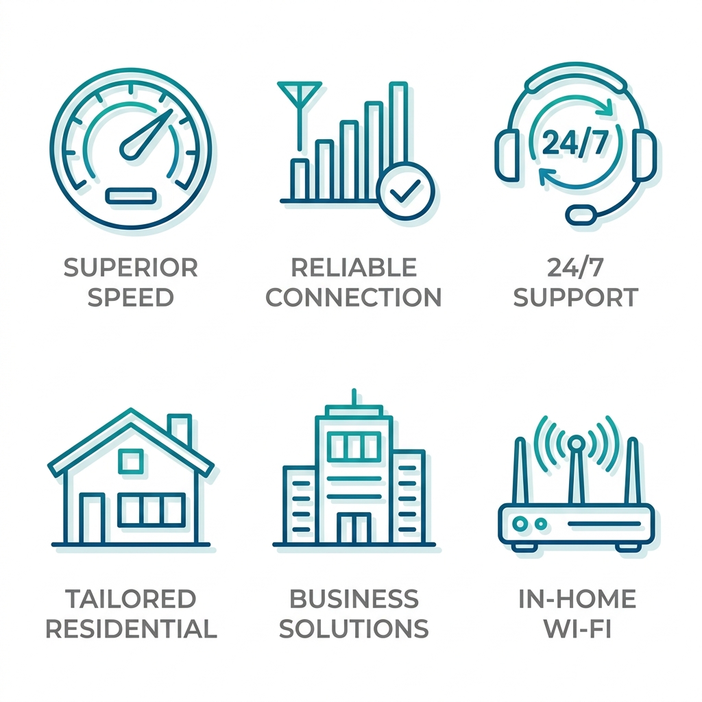 Grid of six icons illustrating local ISP benefits: superior speed, reliability, 24/7 support, tailored residential, business solutions, and in-home Wi-Fi.