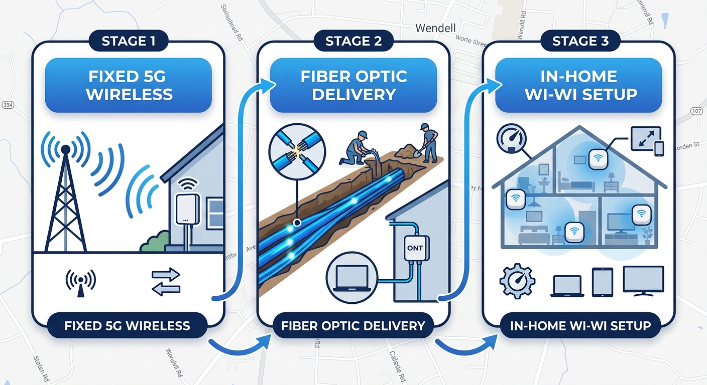 Horizontal process flow diagram showing three stages of fixed wireless and fiber internet delivery in Wendell: 5G wireless signal, fiber optic installation, and in-home Wi-Fi setup with icons and arrows.